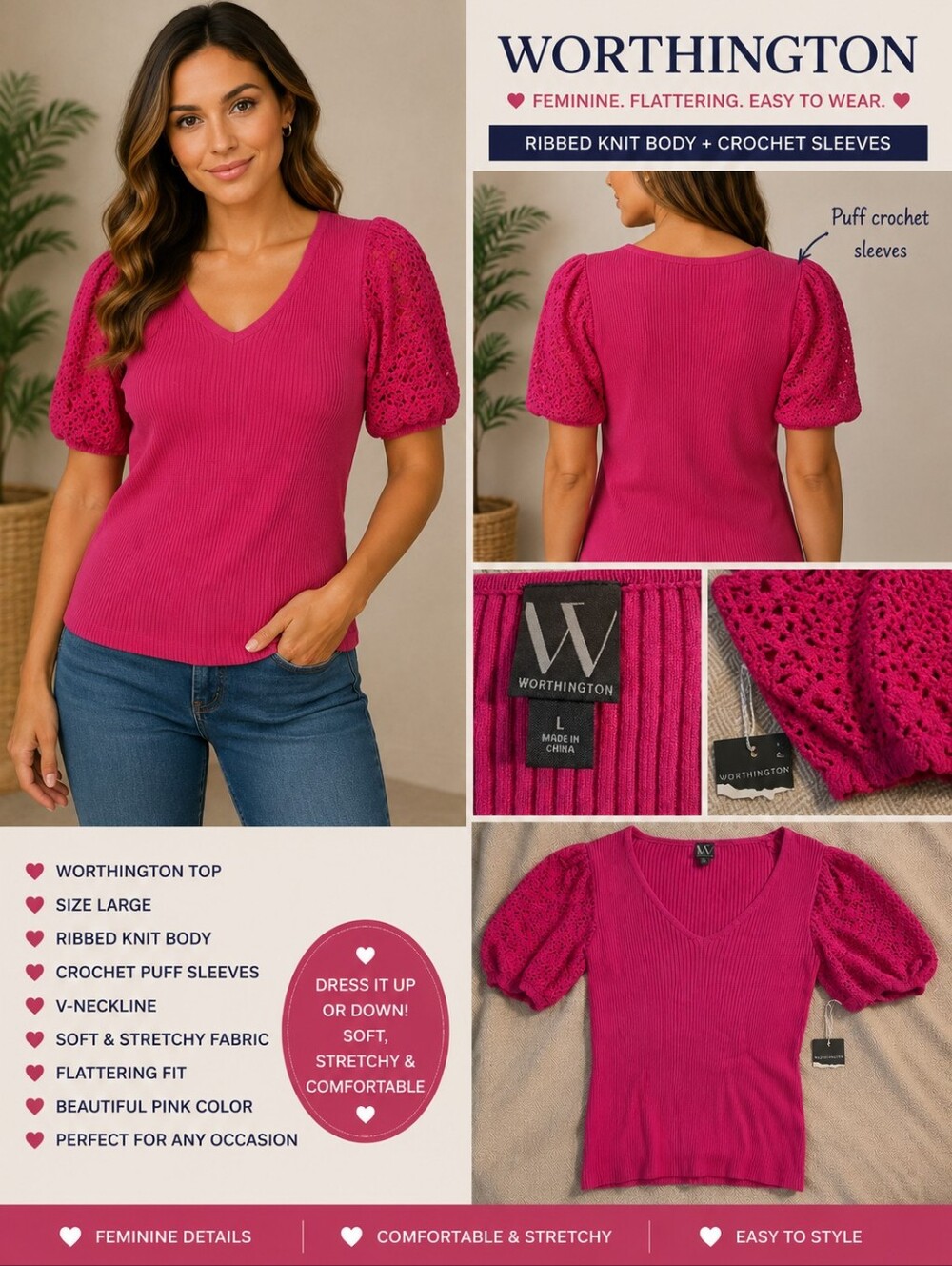 Worthington size L - Bright Pink V-Neck Ribbed Sweater with Crochet Puff Sleeves